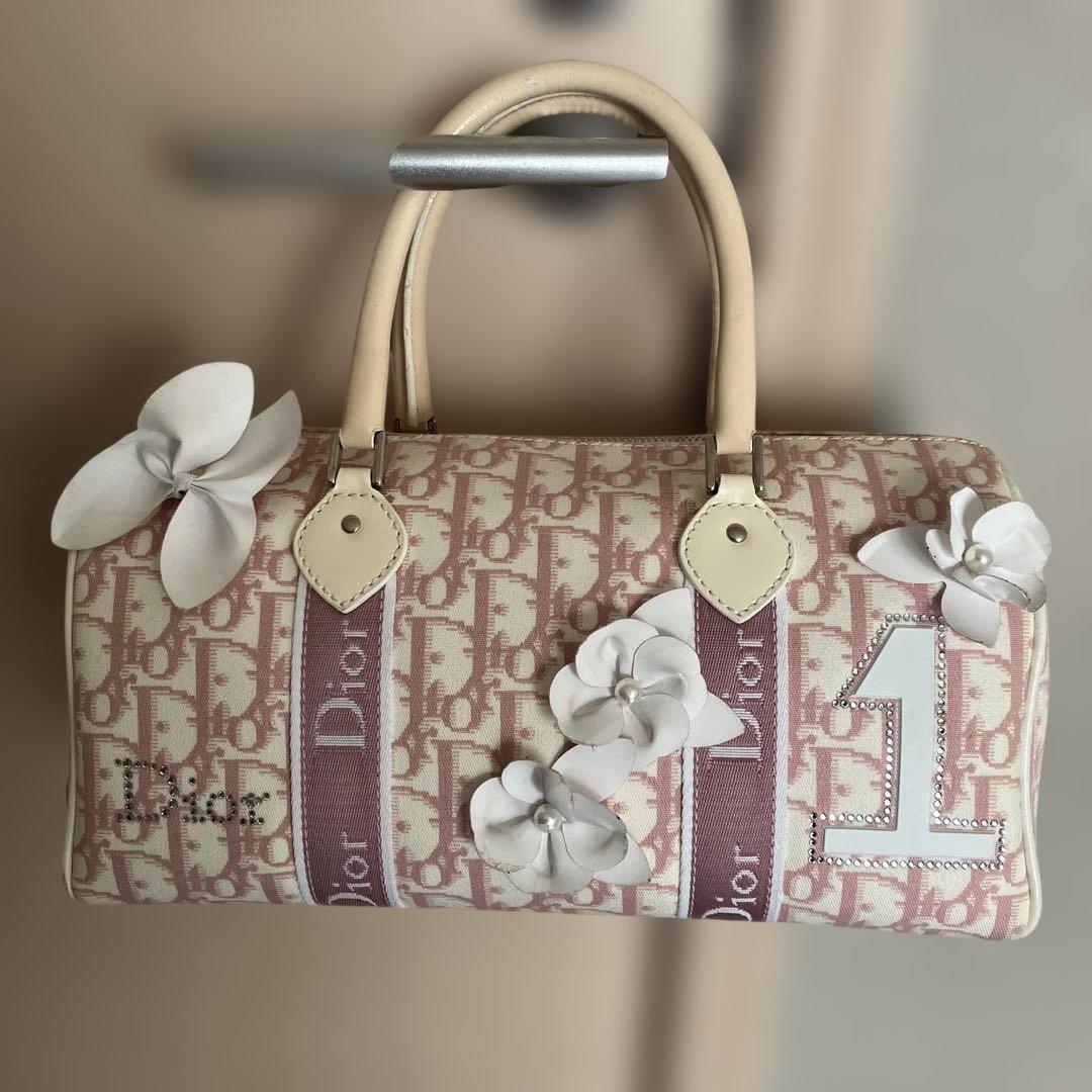 Christian Diorトロッター ミニボストンフラワーラインストーンピンク