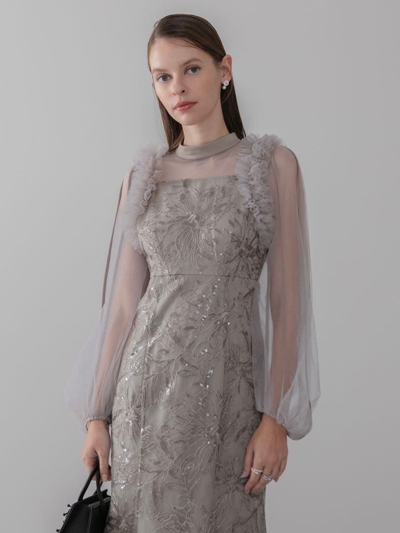 フラワースパンコールチュールフリルロングスリーブマーメイドワンピースドレス結婚式