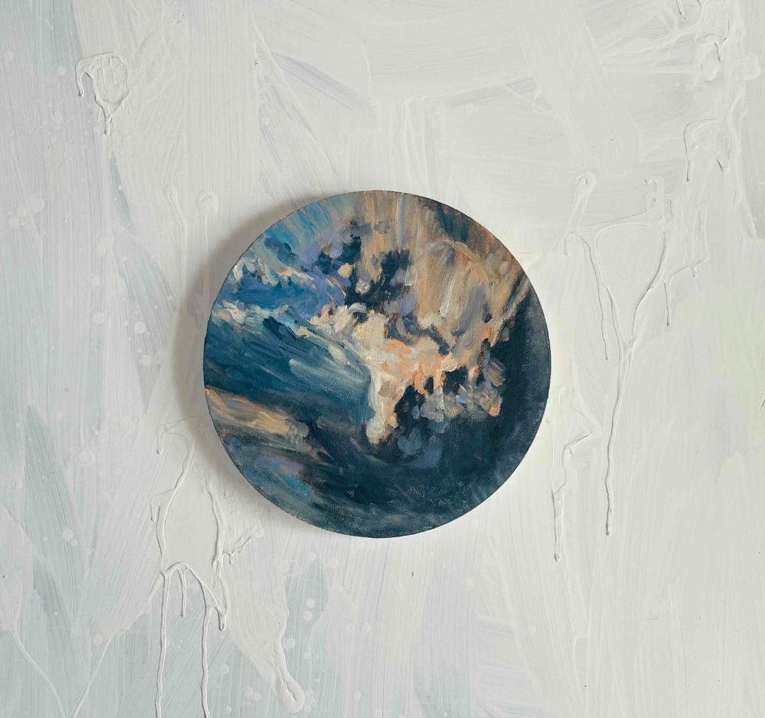 直径30㎝「空の様子２」油彩・絵画・原画・丸形・アートパネル