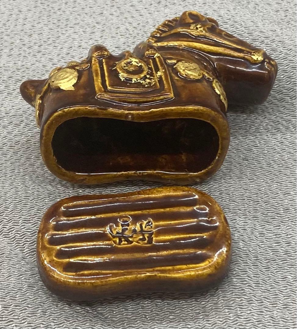 B80s 川崎和楽造「飾り馬 香合」共箱　干支　十二支　茶道具香道具