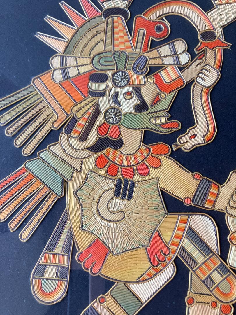 貴重☆アステカ文明ナチュラルな麦わらアート絵　アンティーク壁掛け　マヤ　メキシコ