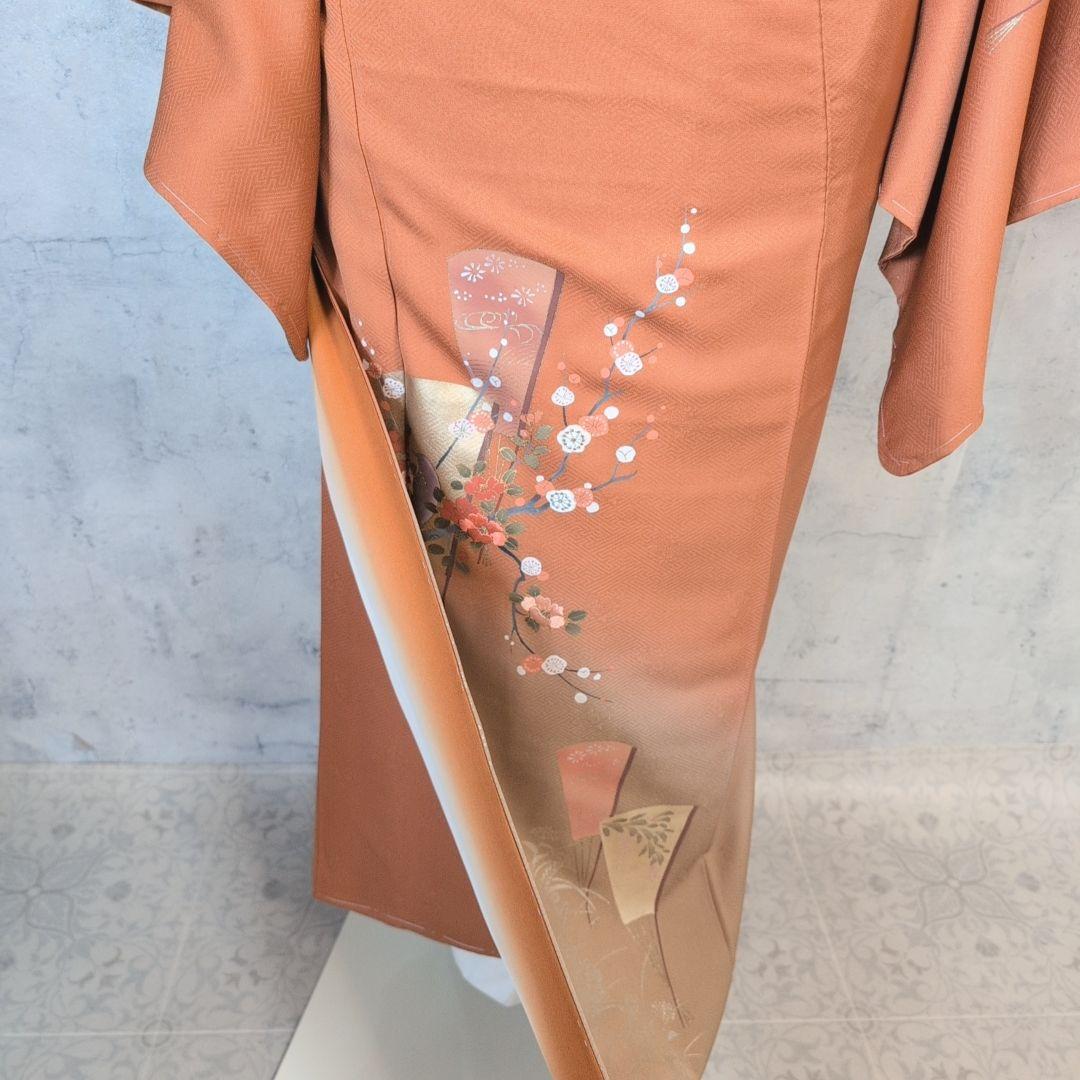 訪問着　フルセット　着物　正絹　赤茶橙　鳥　扇　梅　花　刺繍　しつけ糸　F2