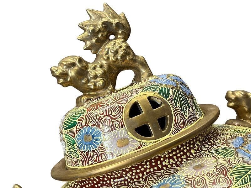 ※専用　九谷焼 金彩色絵 花尽し 花詰文 獅子摘 金襴手 大香炉 約46cm