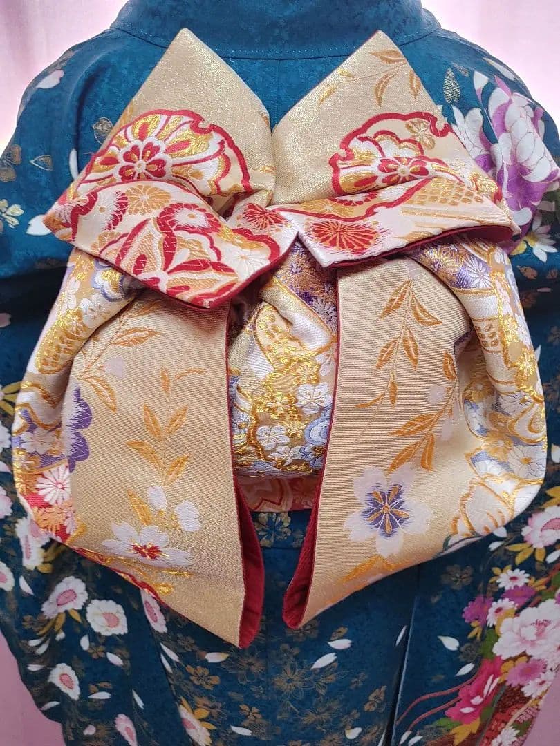 正絹　振袖　袋帯　帯揚げ　帯締め　青緑