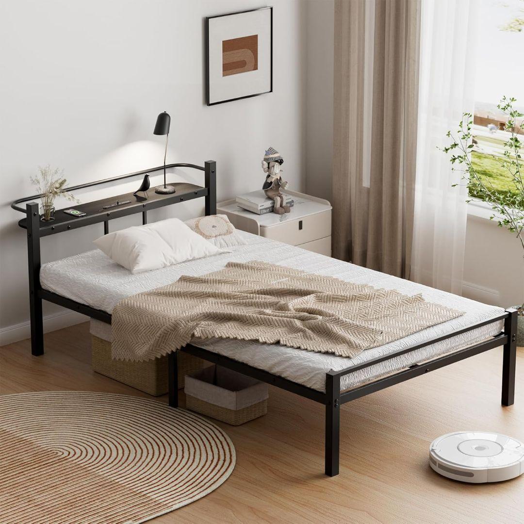 ベッドフレーム シングル ベッド 2口コンセント パイプベッド 静音 ブラック