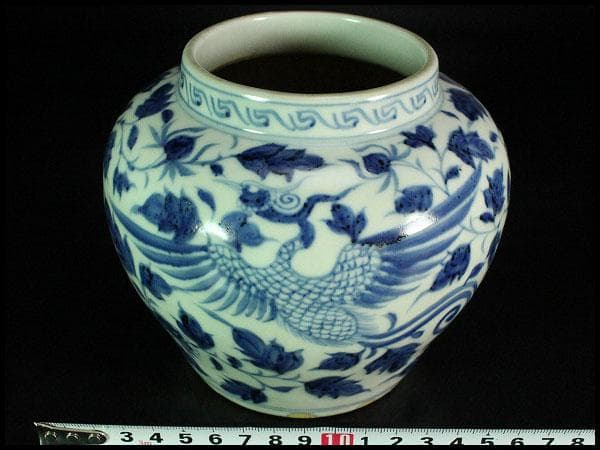 中国美術 青花 纏枝蓮花鳳紋 壷(K-A727)