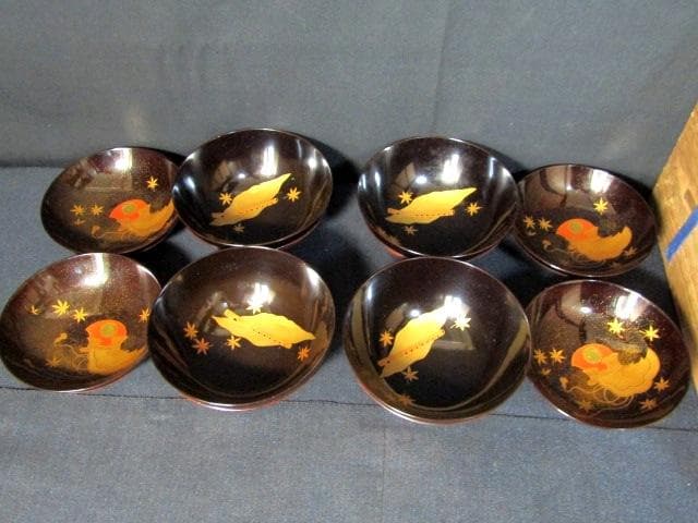 ★朱塗椀　楽器金蒔絵　吸物椀　木製漆器　和楽器　共箱蓋裏に銘　計10客★