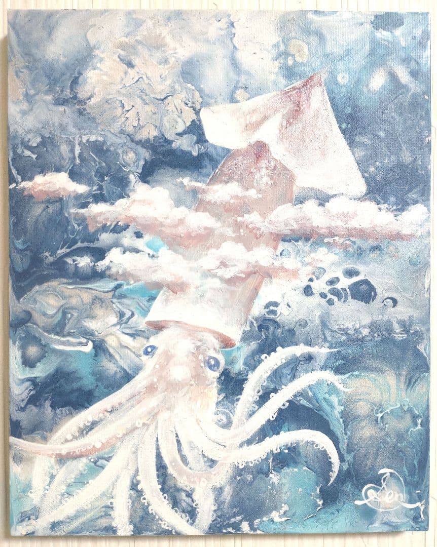 イカの油絵【つまみ雲】1点物の原画◆作者サイン入り/F3号サイズ油彩画