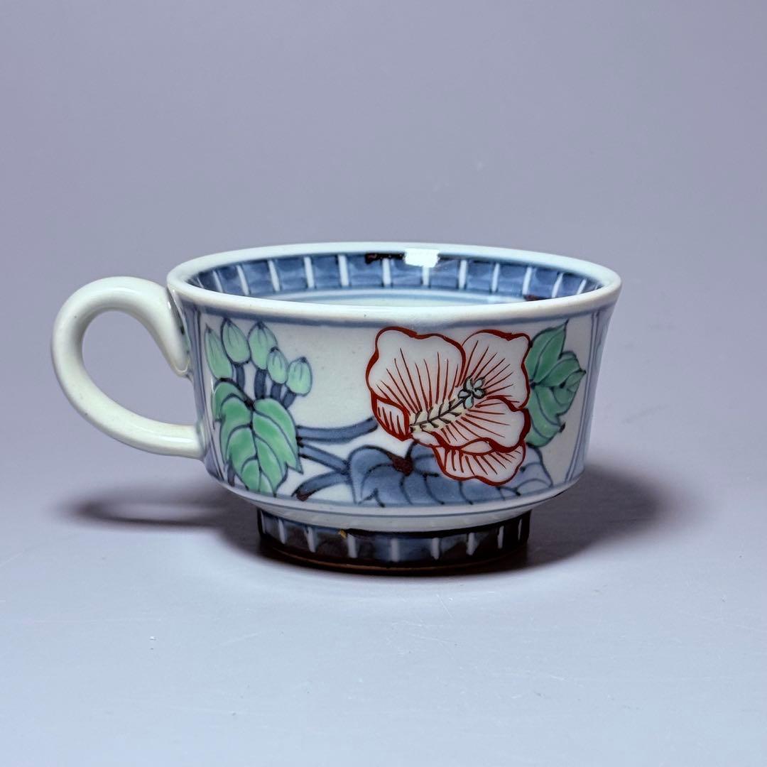 五代　佐藤走波　七十五才　染錦牡丹文カップ＆ソーサー　コレクター放出品