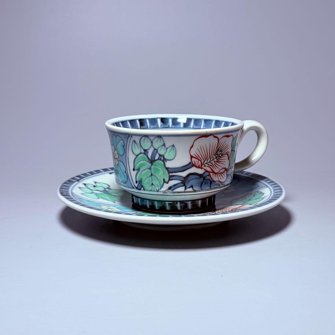 五代　佐藤走波　七十五才　染錦牡丹文カップ＆ソーサー　コレクター放出品