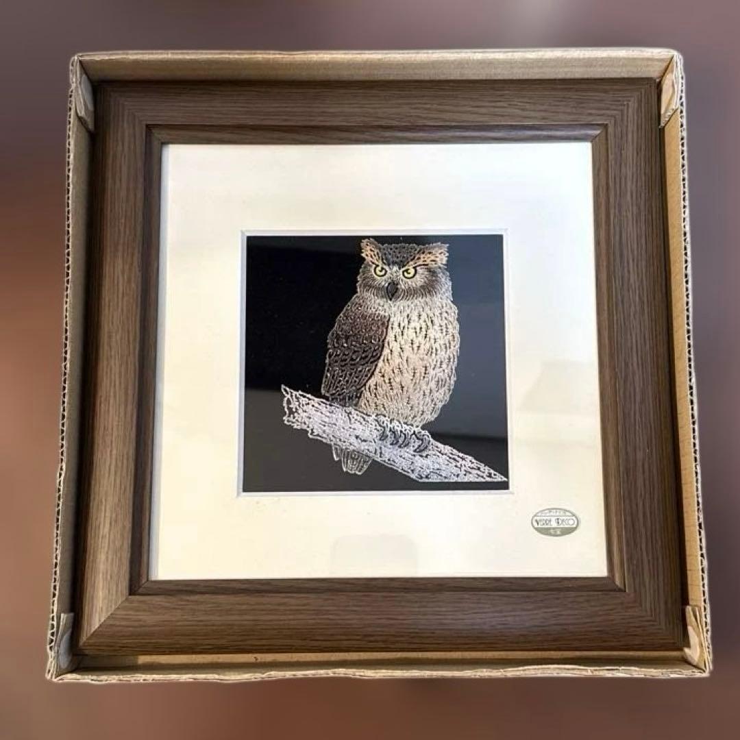 七宝　フクロウVERRE DECO ふくろう　縁起　招福　 額装 七宝焼