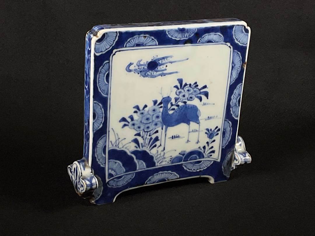 時代硯屏　染付　鹿と花　硯　文房具　文房四宝　置物