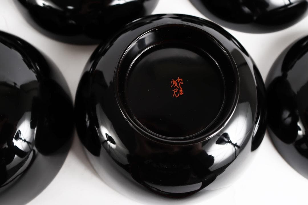 輪島塗 草花絵替 図替 蒔絵 煮物椀 五客 浅己　浅見②