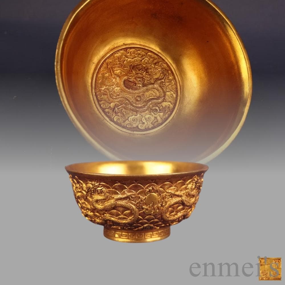 中国古美術 旧蔵 清代 鍍金銅蟠龍碗 双龍戲珠 鏨刻酒碗 茶碗 精銅製 古美味
