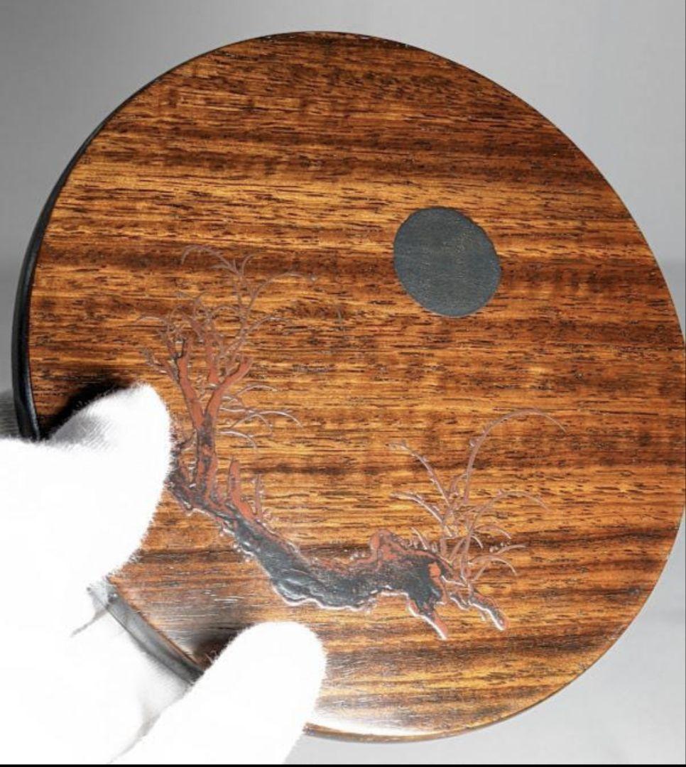 未使用　漆硯（しっけん）　蓋は古紫檀に拭き漆技法　盛絵漆　伝統美術工芸　題：春宴