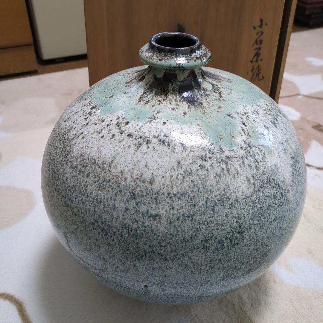 青緑色の陶器花瓶 木箱付き小石原焼