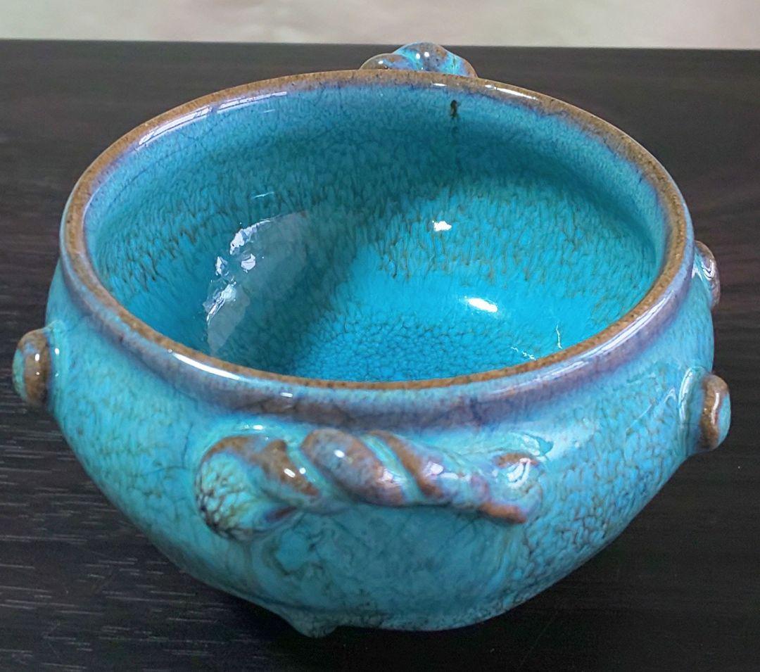 中国南宋時代 緑釉陶器 澱青釉紫紅斑 双耳香炉