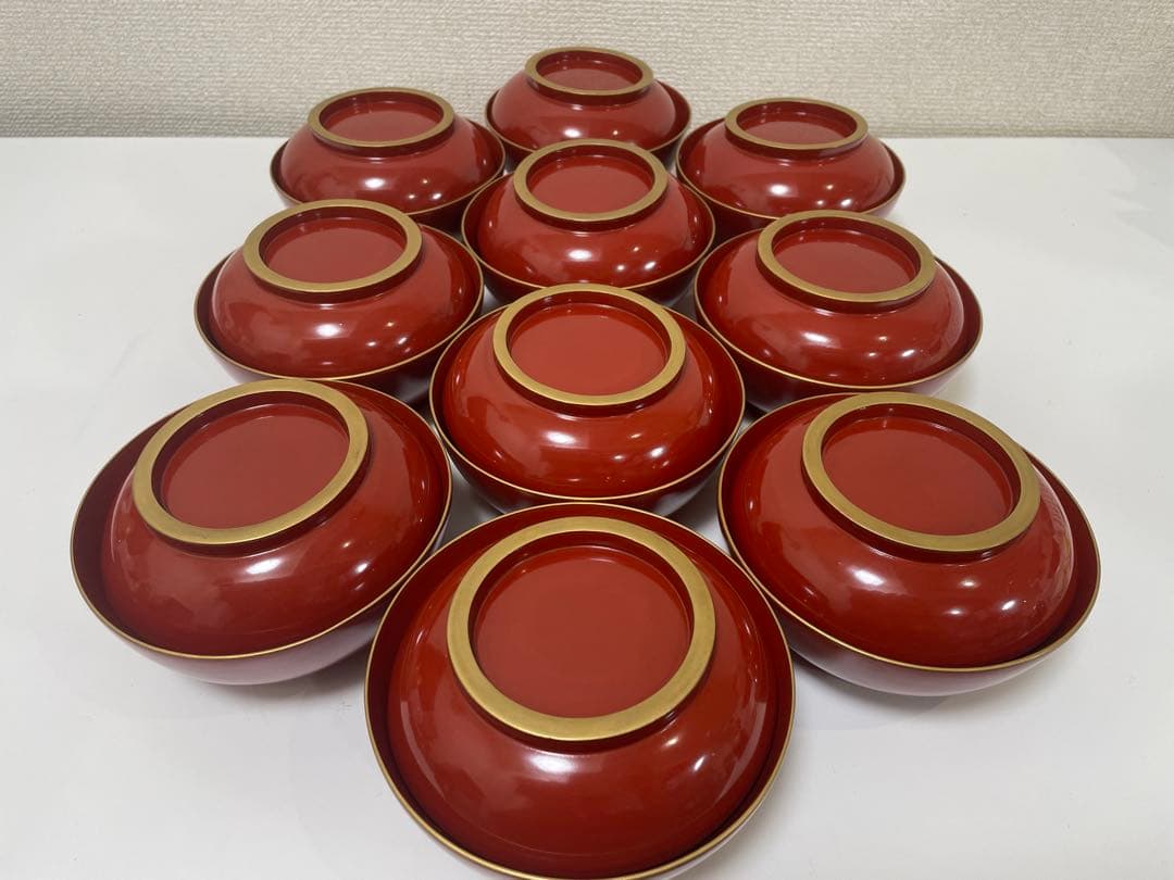 漆器 朱色 椀 10客 金縁 輪島塗 吸物椀 蓋付 無地 アンティーク レトロ