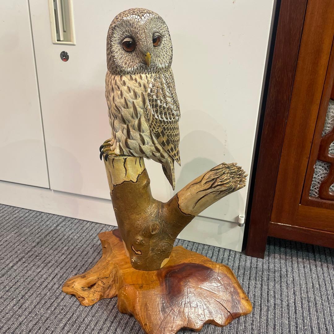 彫刻，ふくろう、木彫り、アンティーク品，置物