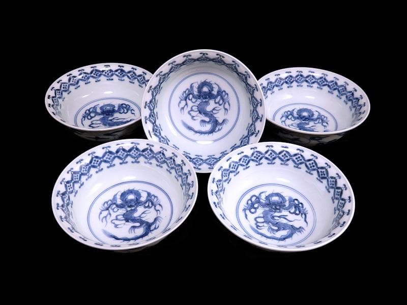 古伊万里　染付　七宝繋ぎ紋に龍の図　膾皿　５客　江戸期　A050AS-CKk