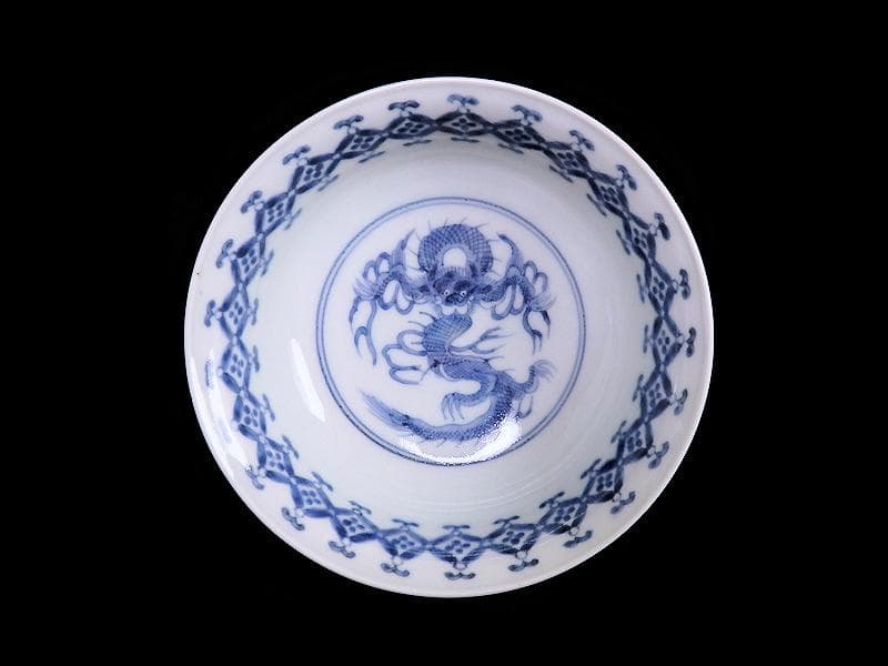 古伊万里　染付　七宝繋ぎ紋に龍の図　膾皿　５客　江戸期　A050AS-CKk