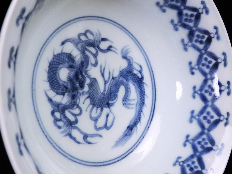 古伊万里　染付　七宝繋ぎ紋に龍の図　膾皿　５客　江戸期　A050AS-CKk