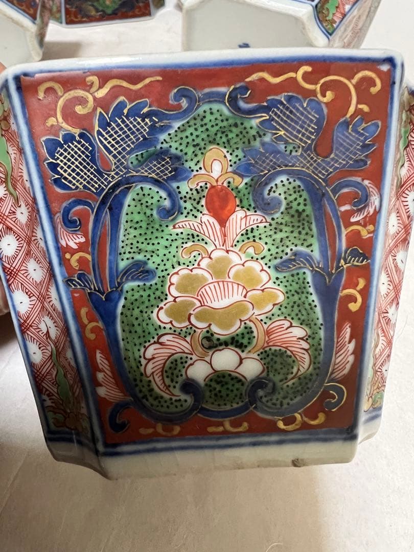 うつわ8角古伊万里 多彩花な鳳凰江戸後期 約口径 9.5㎝時代物8点木箱あり