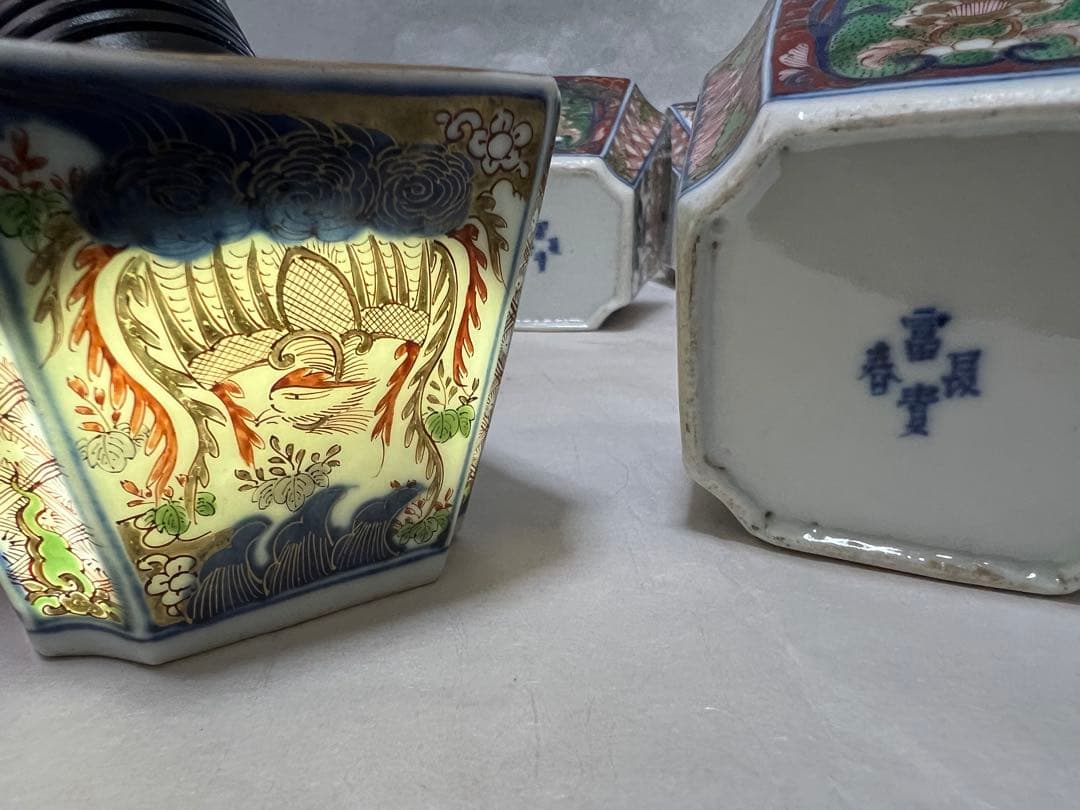 うつわ8角古伊万里 多彩花な鳳凰江戸後期 約口径 9.5㎝時代物8点木箱あり