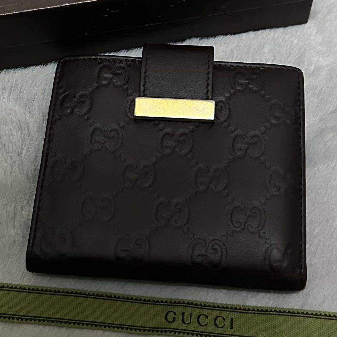 GUCCI グッチ　折り財布　メタルロゴ　Wホック　ブラウン　グッチシマ　GG