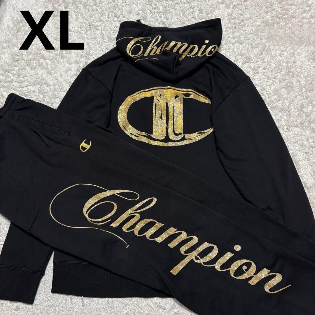 【希少】チャンピオン パーカーセットアップ　デカロゴ　XL 黒金 y2k 00'