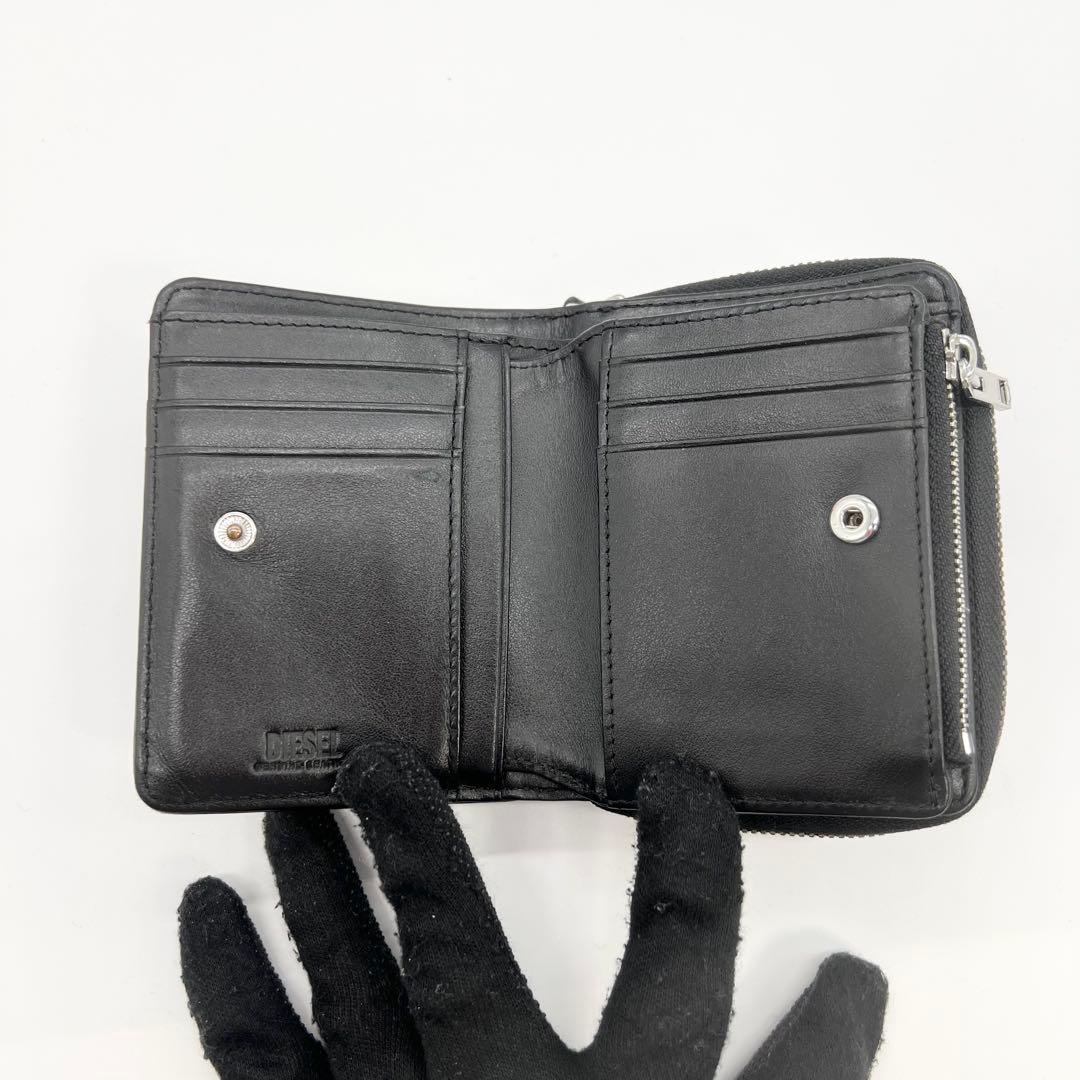 近年モデル✨DIESEL　二つ折り財布　Dロゴ　レザー　ブラック　ミニポーチ付き