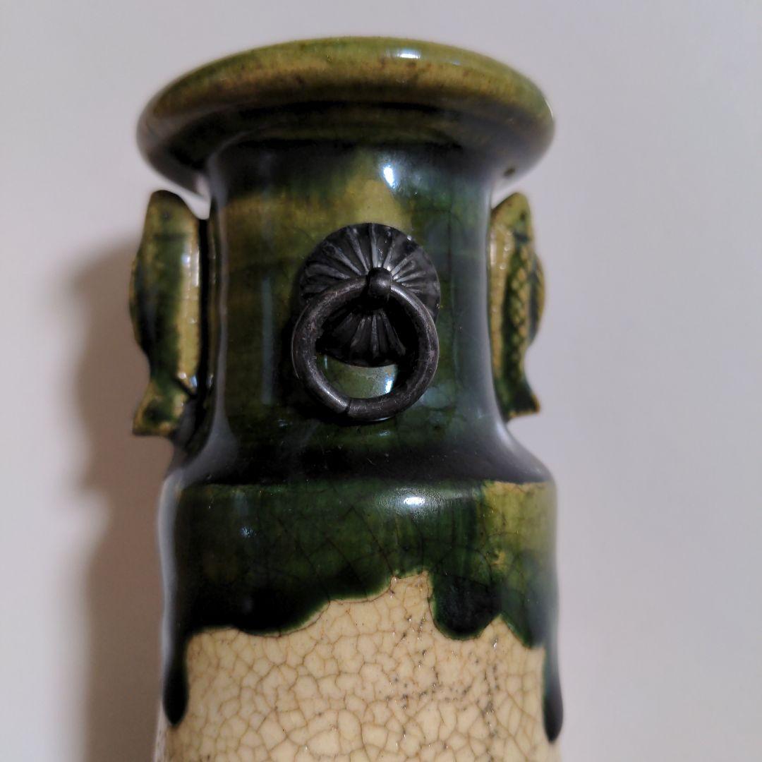 花入れ　花いれ　花器　お茶花　織部　おりべ　グリーン　耳付き　筒　茶道具