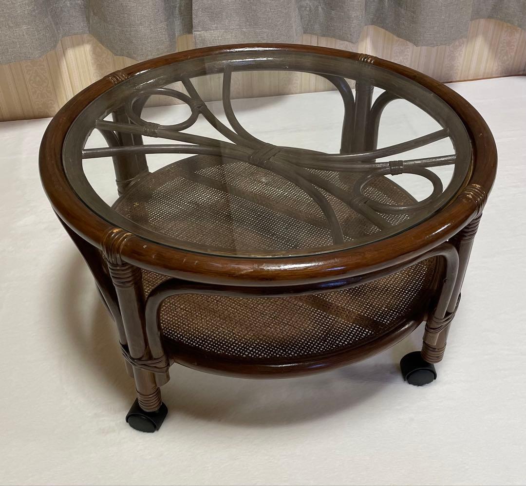 ラタン キャスター付き ガラステーブル コーヒーテーブル アジアン ビンテージ
