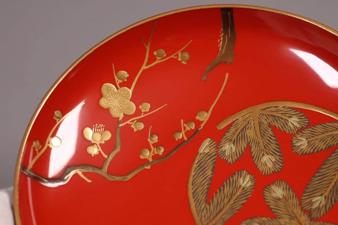 【CM247】時代木製漆器 松竹梅 金蒔絵 朱塗 引盃 五客 木製漆器 小皿 杯