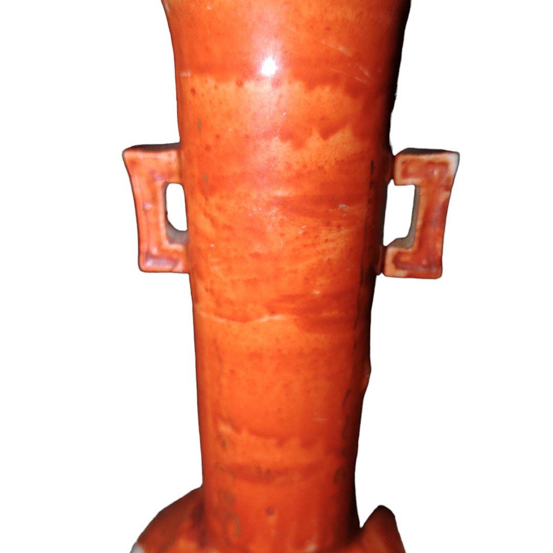 明治レトロ　赤九谷焼　草花文様双耳小花瓶