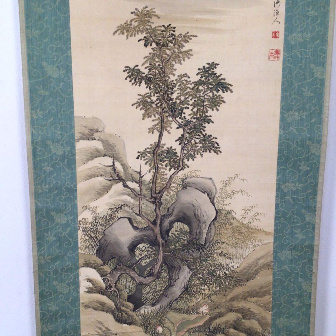 No3015掛軸　在銘　鍾洲漁人　夢研山人　款　月下草花図　絹本　合箱　送料無料