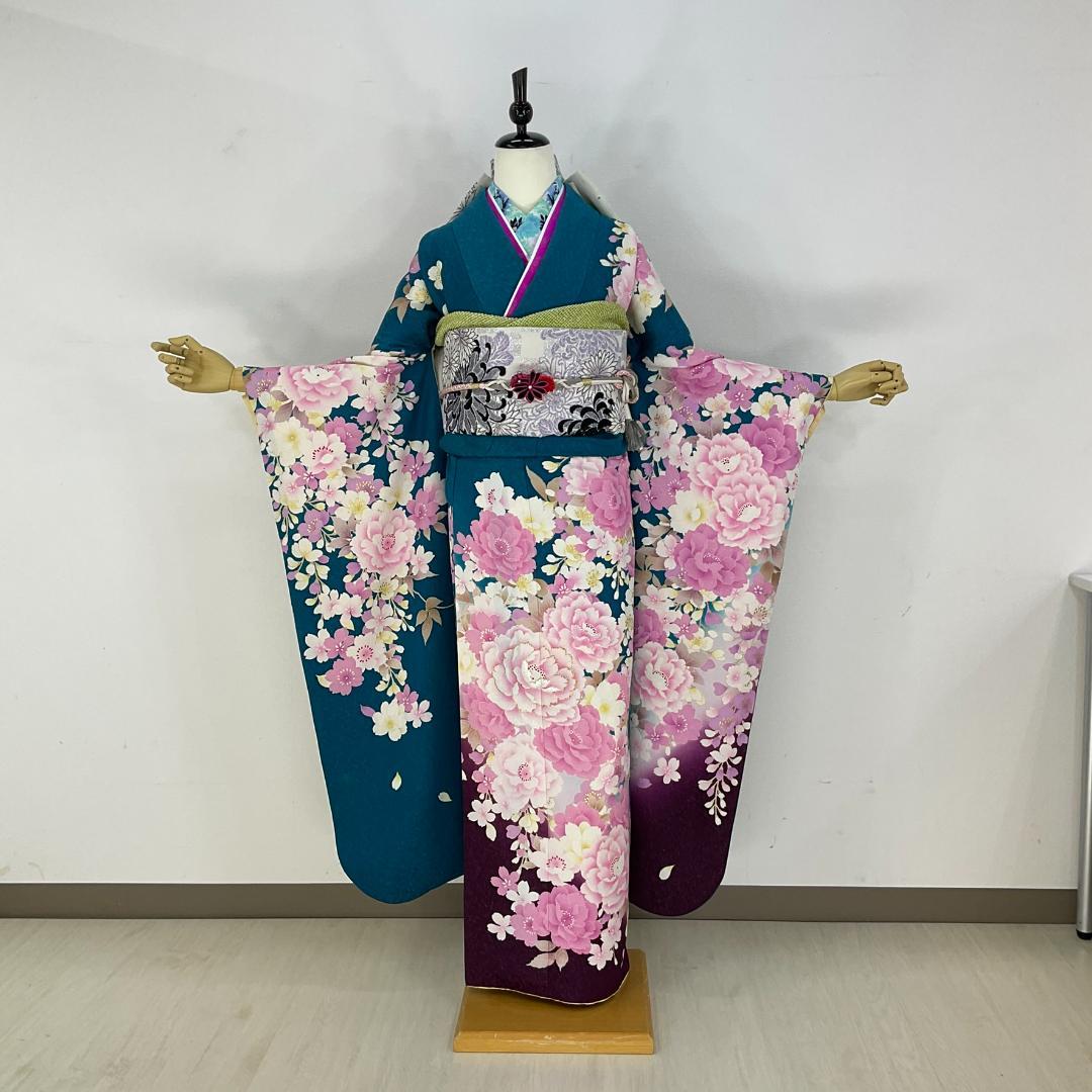 お振袖フルセット　7点セット　ブルーグリーン　銀通し　正絹　美品