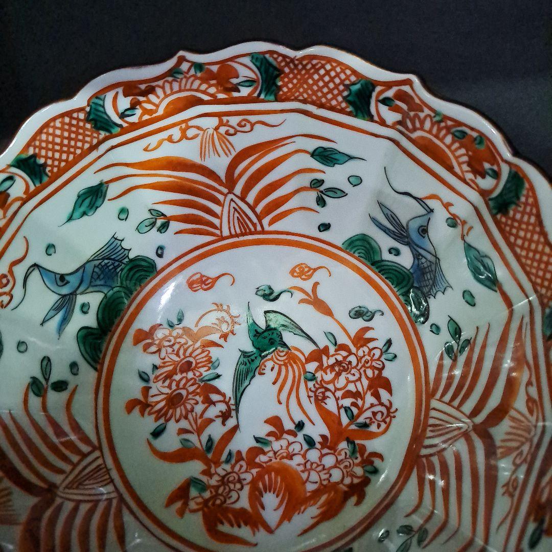 永楽善五郎　九谷赤絵　　中鉢　紅縁輪花鉢　明治 大日本永楽造　共布、共箱入