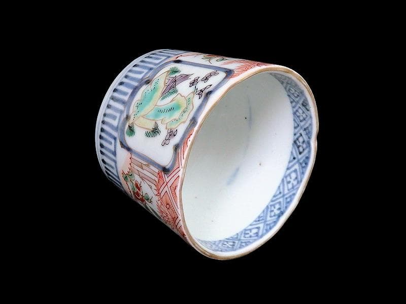 古伊万里　色絵　窓絵　岩に東屋　笹に花の図　蕎麦猪口　351AS-fbmr