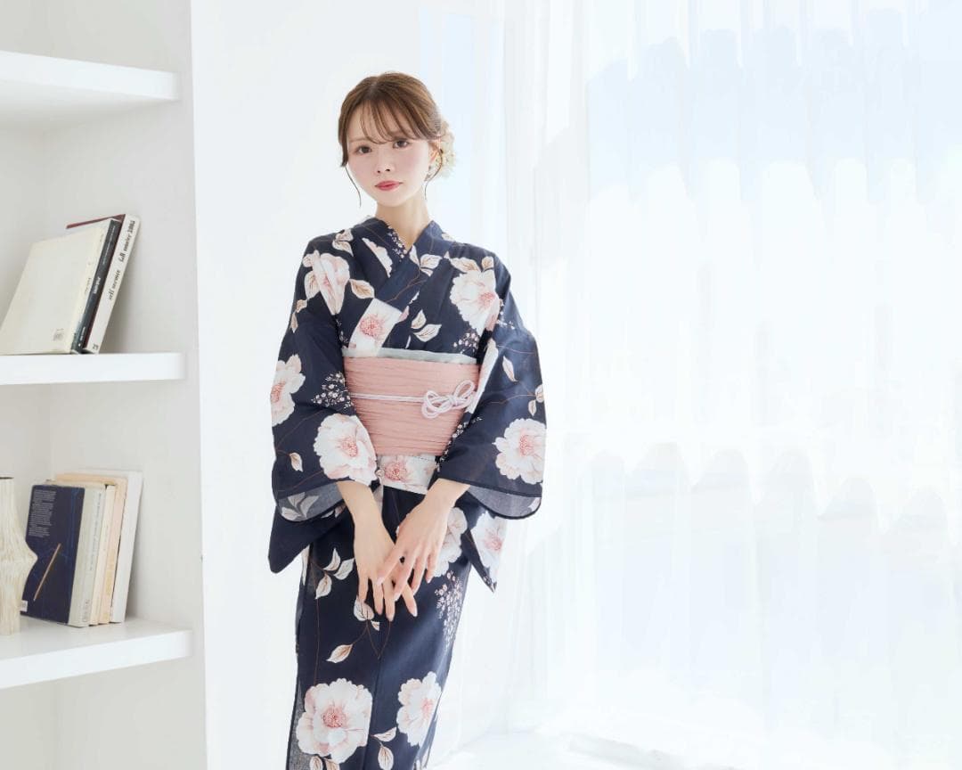 二部式浴衣 セパレート浴衣 3点set 珊瑚色の花あそび 濃紺地 Y5-23-2