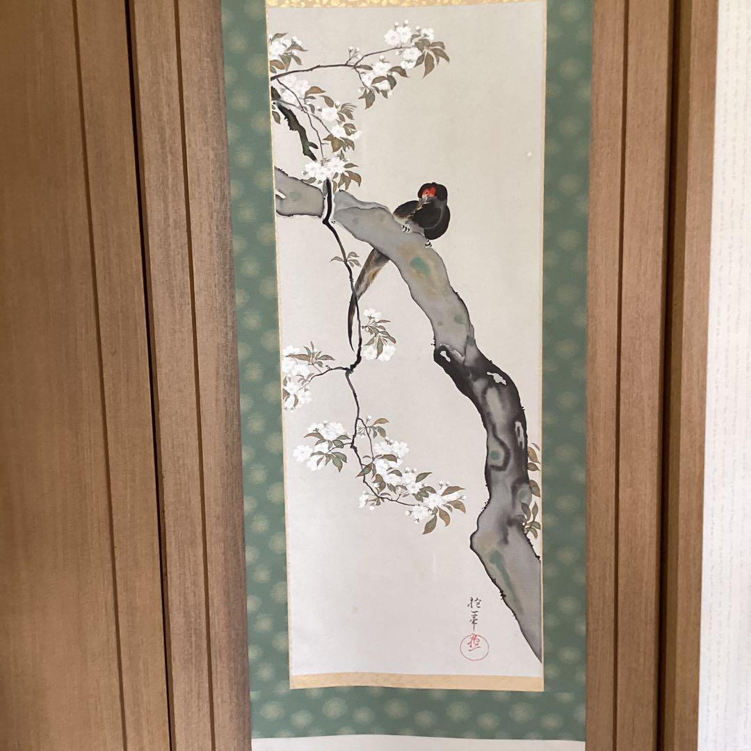 酒井抱一　【後描彩色画】　【櫻に雉子之図】　絹本掛軸　　軸先紫檀　稀有作品です。