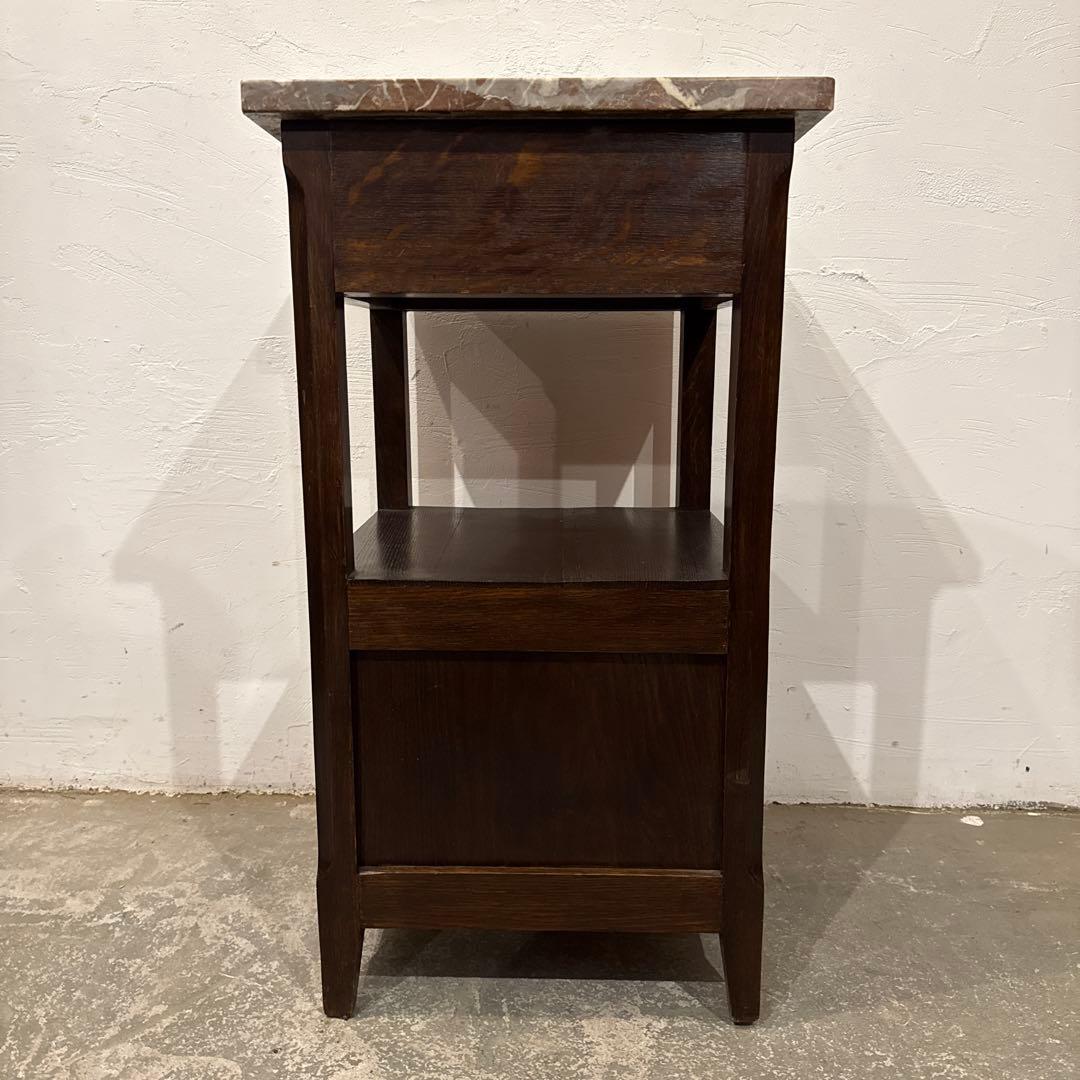 ヴィンテージ　木製サイドテーブル　引き出し/扉収納付き　大理石天板