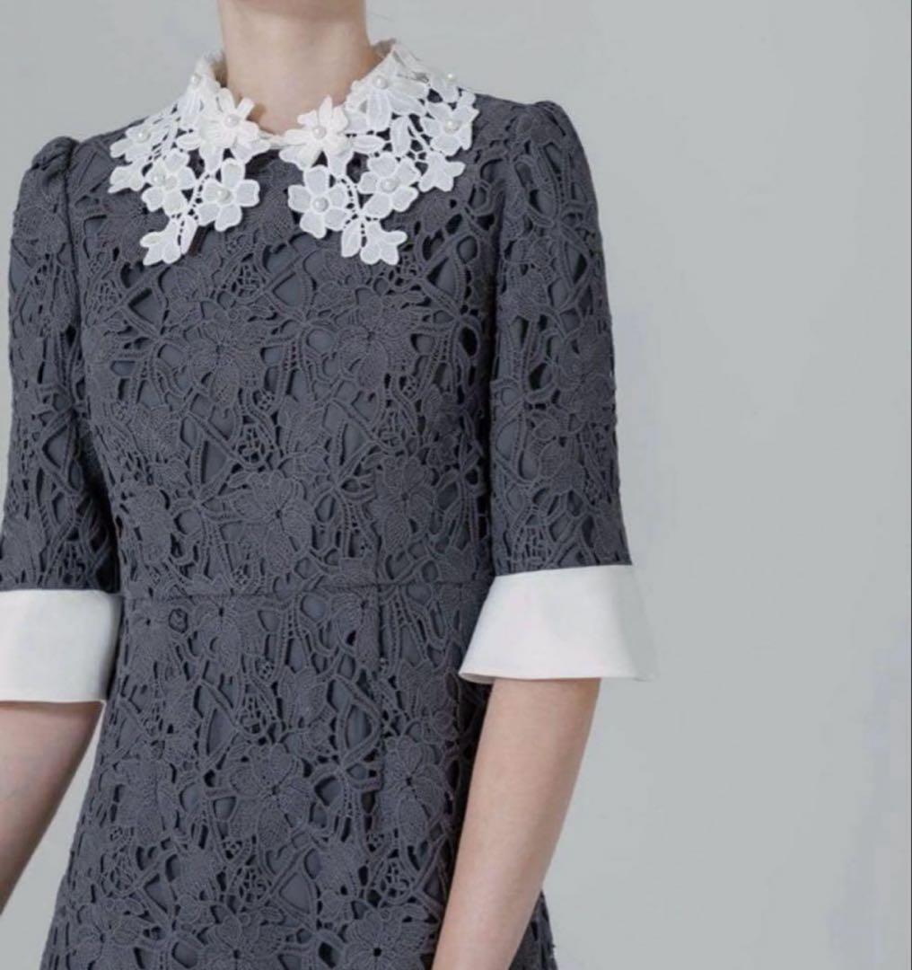 【Leja】花柄レースカラースパンコール刺繍Aラインフレアドレスワンピース