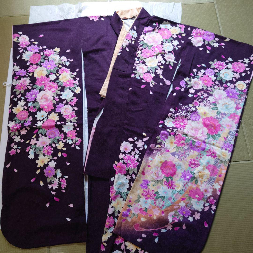 e*o様 値下げしました。振袖 紫色 花柄、衿芯付き長襦袢、高級帯と帯締め、帯揚