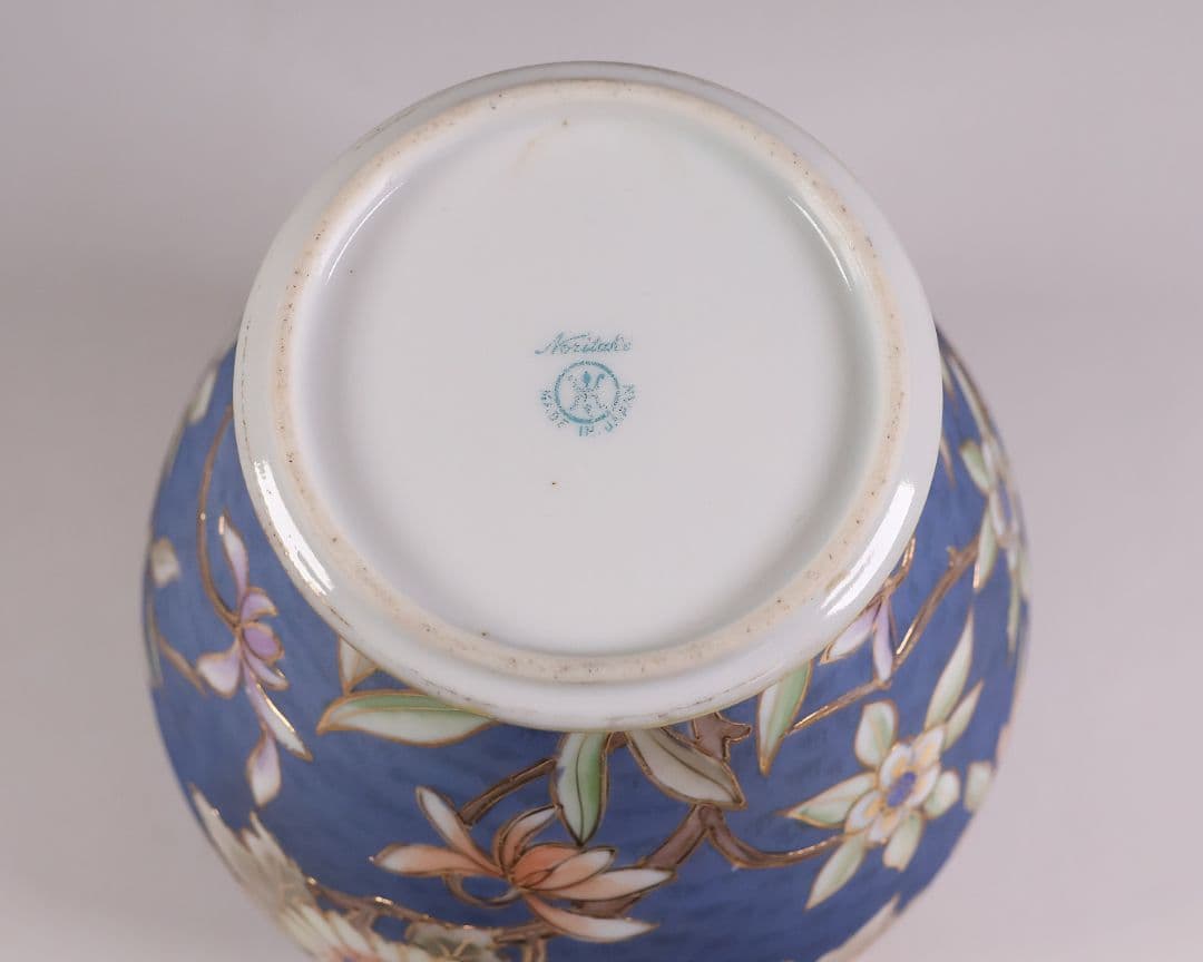 【CM306】オールドノリタケ 草花 花瓶 高17.5cm 金彩 花入 青 明治