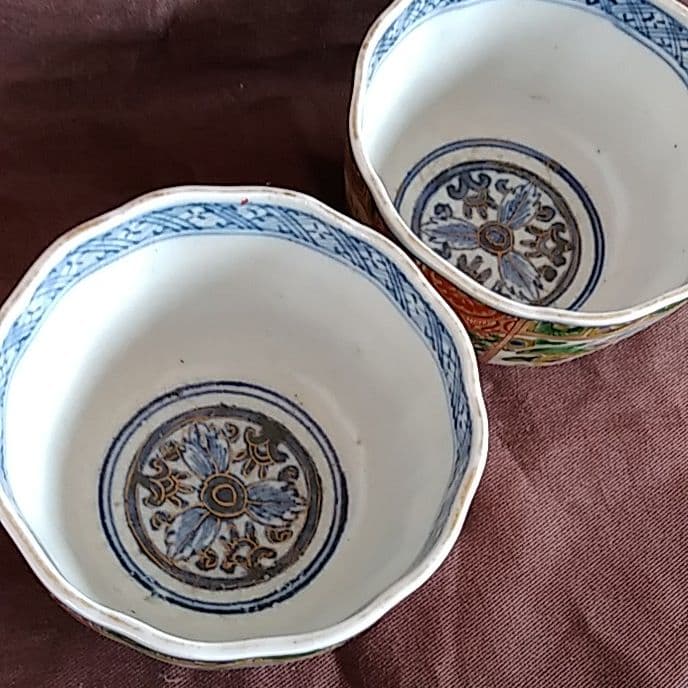 古伊万里 金彩 色絵 飛鳥唐文 輪花 蕎麦猪口 向付 2客セット 骨董アンティー