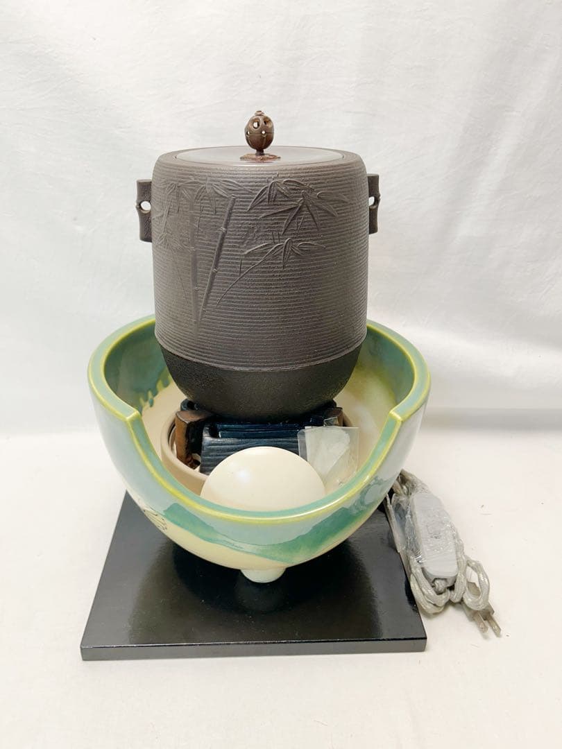 美品 茶道具 野々田織部(紅鉢型)風炉型電熱器 竹紋 筒釜2点セット元箱