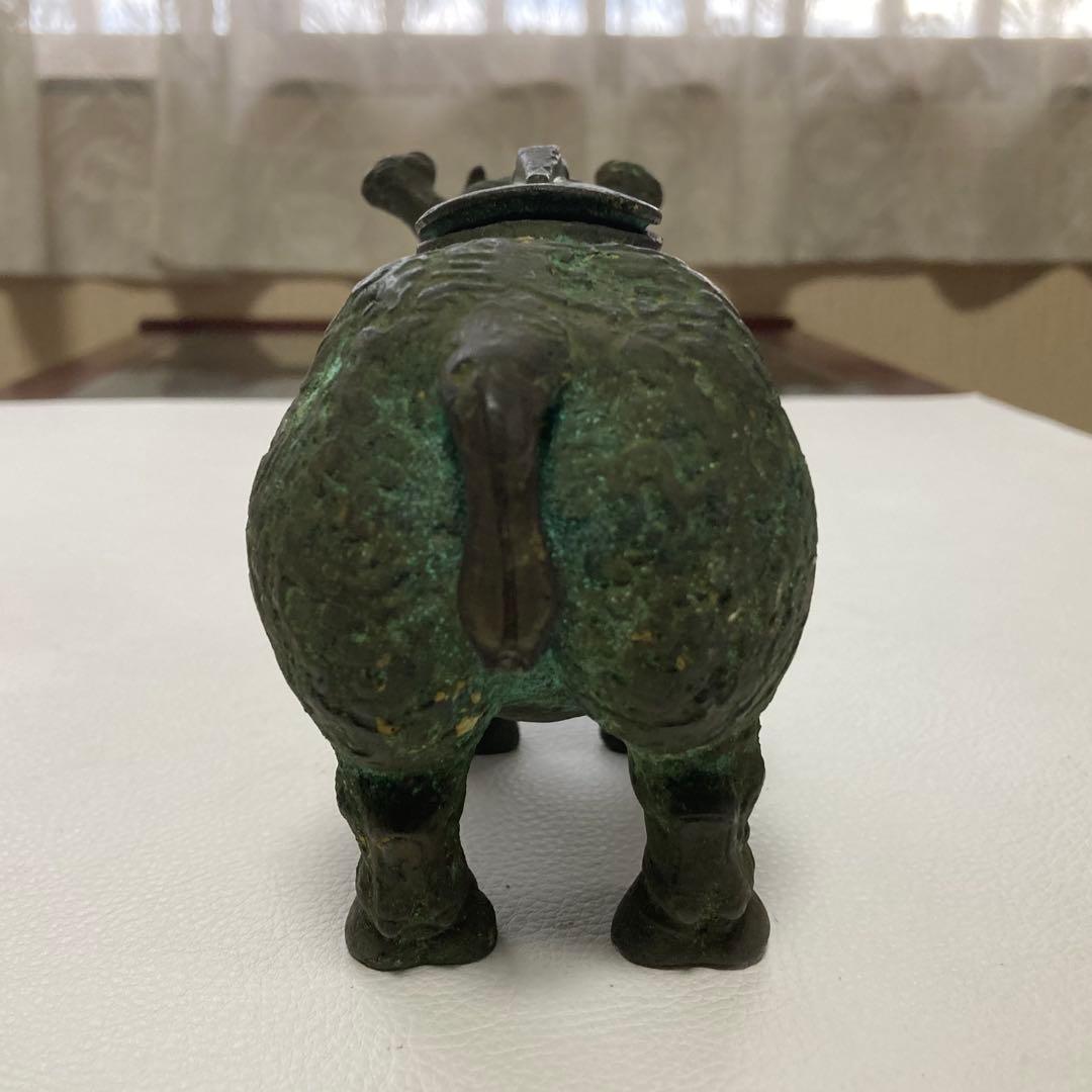 古いサイの置物 動物 銅製 オブジェ 香炉 工芸品 古美術 骨董品 レトロ