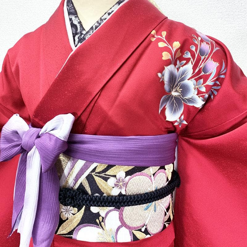 502z29☆振袖 金彩 個性的 花 萩 赤×紫☆美品 成人式 結婚式