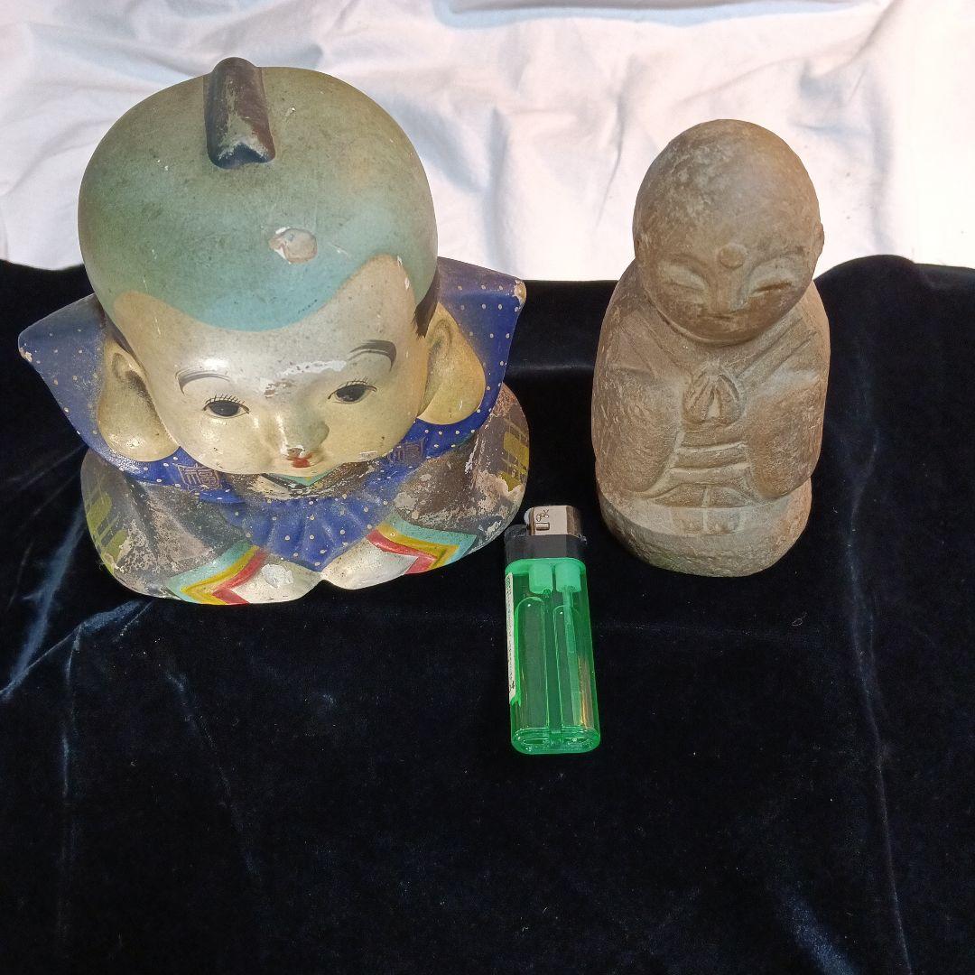 146.陶器製の石仏と昔の福助 多彩な置物 約15cm、極小品